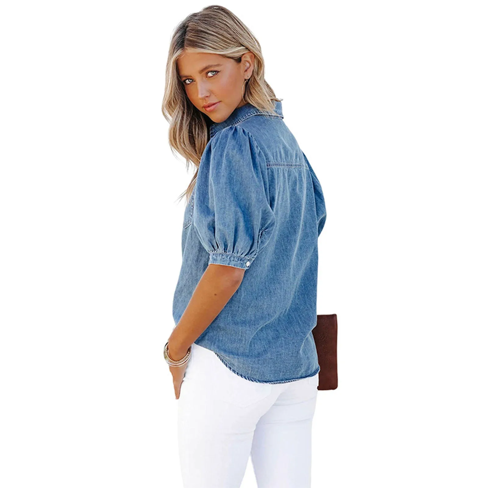 

Summer Women's Clothing Short Sleeve Button Up Shirt With Princess Sleeves Collar Casual Streetwear Tops Denim Rayon Blend