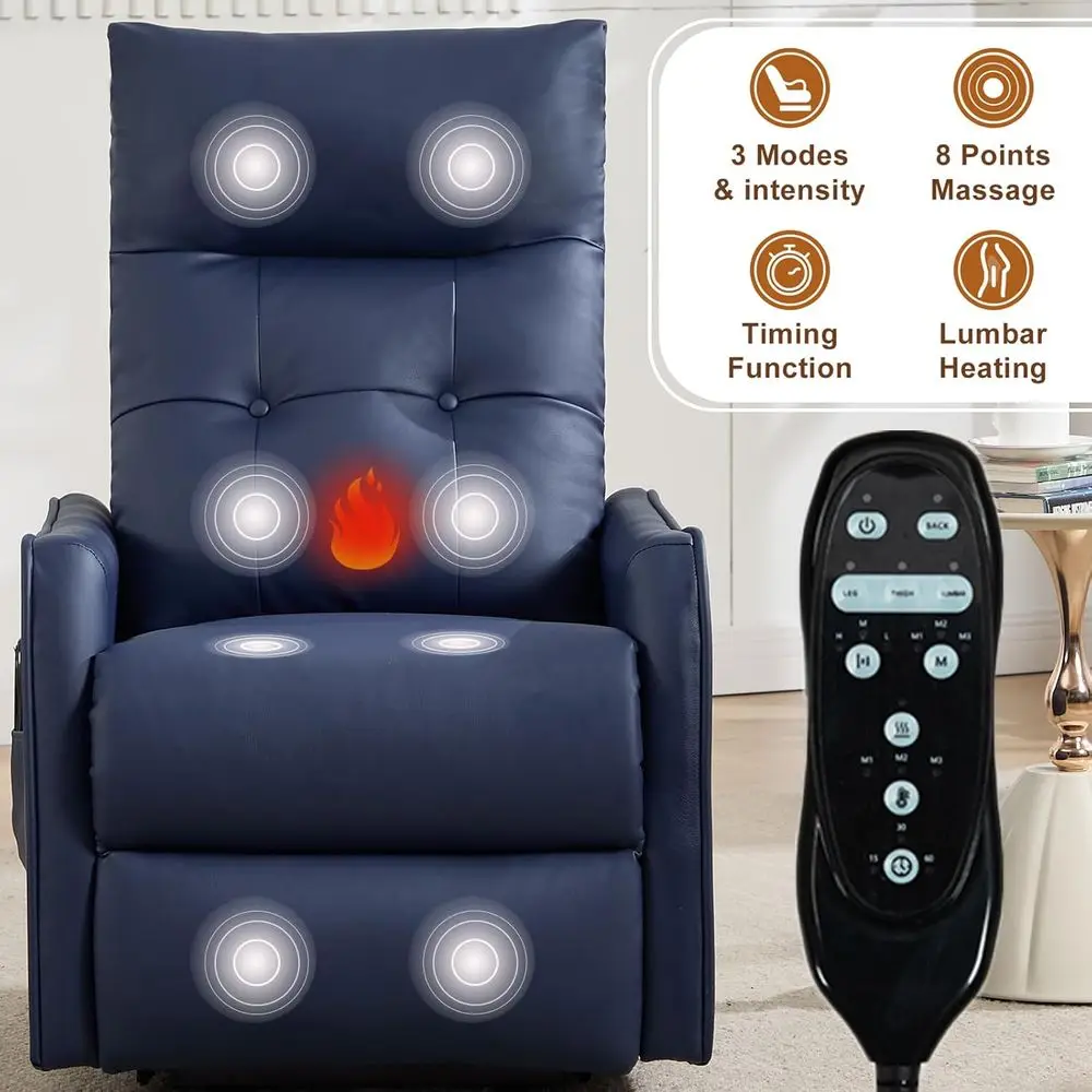 راحة كبار السن: كرسي رفع كهربائي قابل للتعديل مع الحرارة والتدليك، جلد صناعي أزرق داكن، جيوب جانبية #6