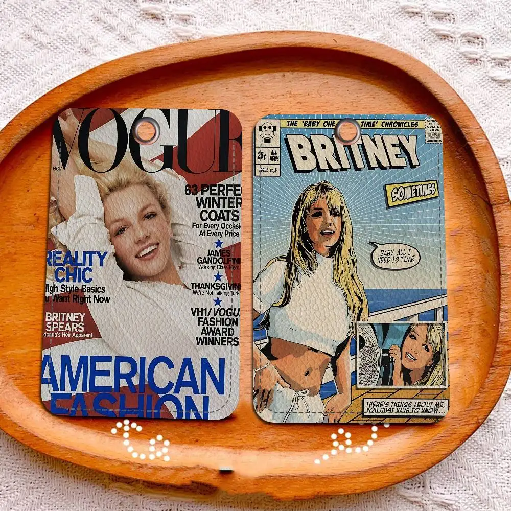 Retro Singer B-Britney S-Spears Rectangle ID Card Case Keychain Access Card Bag Key Tag Ring Leather Card Holder Key Ring