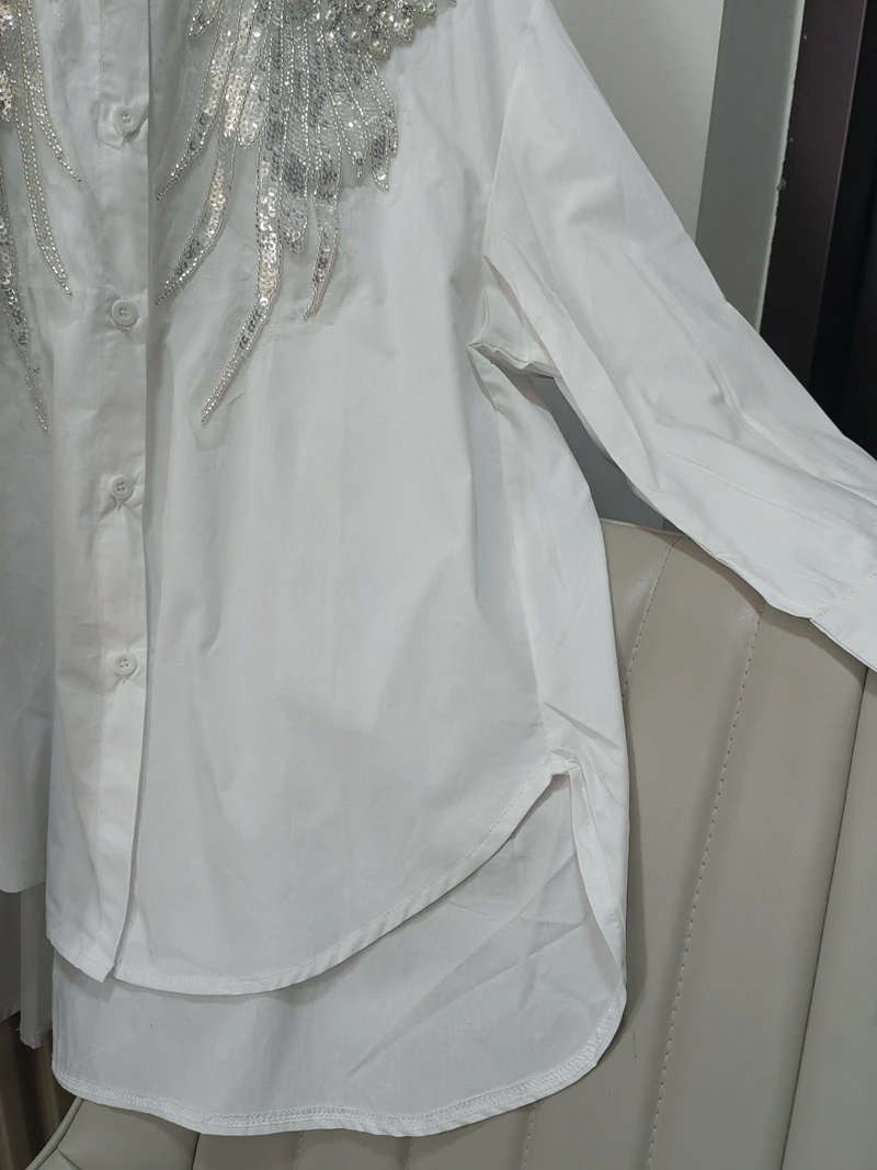 Real Photos Luxury Brand New Beaded Medium-length Loose Tops Heavy Diamond All-match Casual Fashion Shirts and Blouses