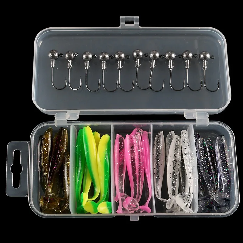 25 Stück mit Box, 3,5g Jighead, 5cm T-Tail Soft Worm für Barsch, künstliche Köder für Mandarinfisch, Barsch und Schwarzbarsch