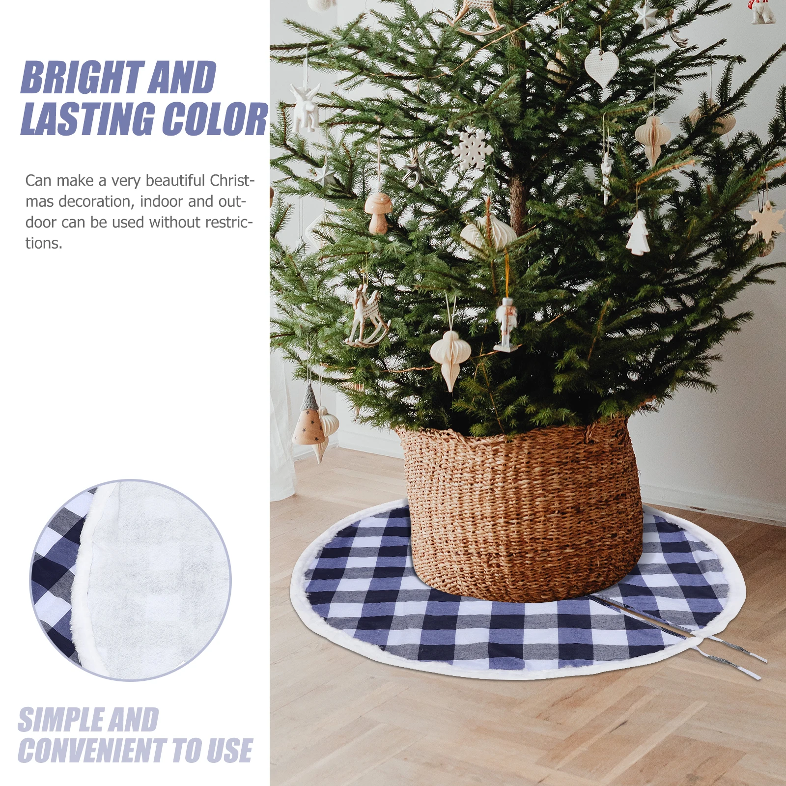 

Vintage Plaid Christmas Skirt Rustic Blue White Checkered Thick Reusable Tree Dress Decoration Mat For Holiday Party