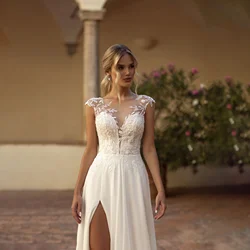 Vestido De Novia elegante De encaje bohemio, gasa, cuello redondo, ilusión en la espalda, apliques divididos, vestido De fiesta nupcial, Vestidos De Novia personalizados