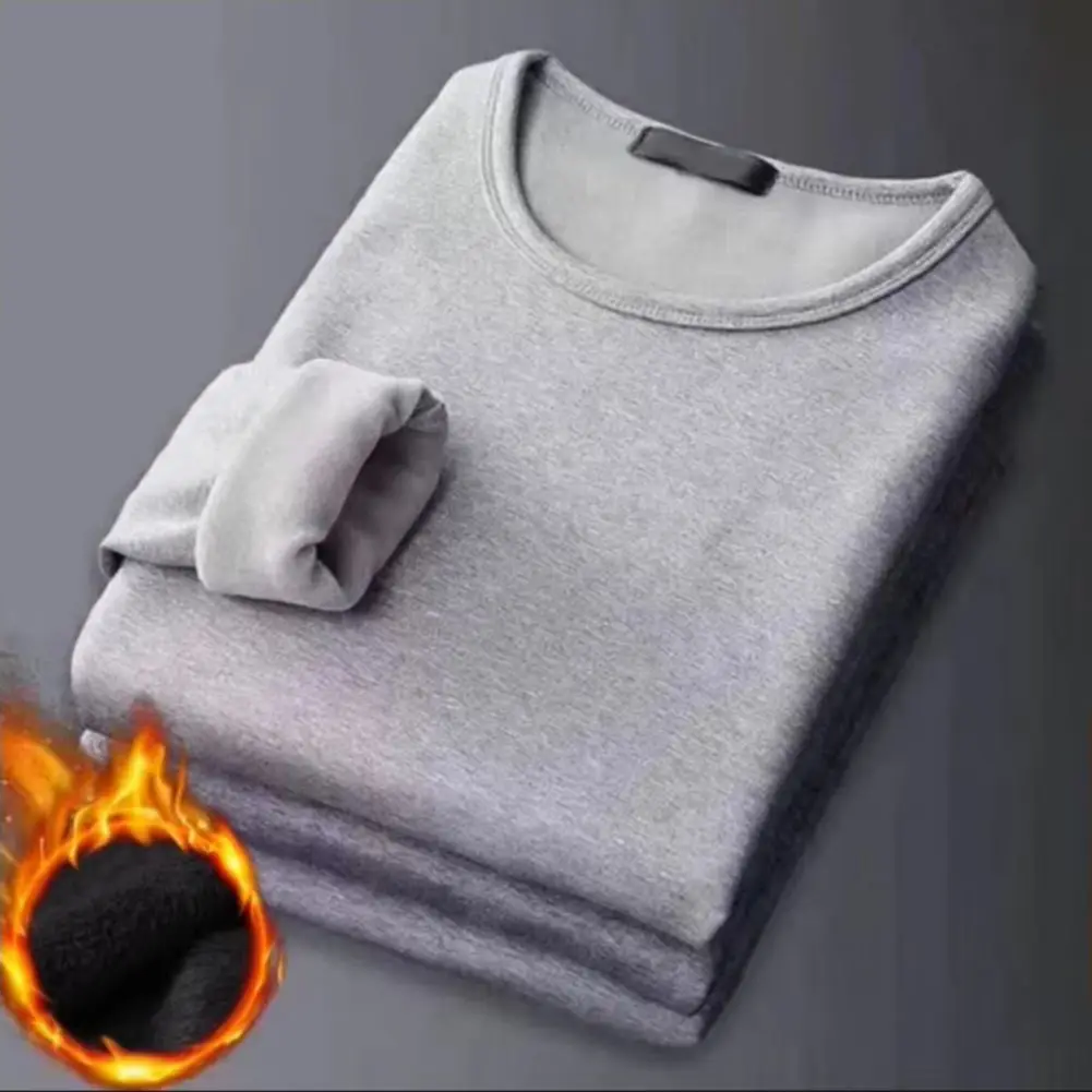 2025 Autumn Men Fleece Top O-Neck Men's Fleece Warm Round Neck Long Sleeved Base Shirt Fleece Lining Bottoming Thermal T-shirt