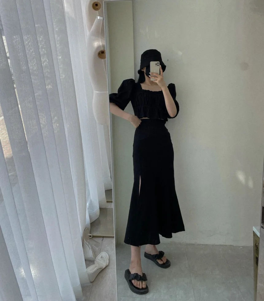 SM Elegant Chic ชุดกระโปรงผู้หญิงเกาหลี 2 ชิ้นชุด 2025 ฤดูร้อนสแควร์คอพัฟแขนเสื้อ + เอวกระโปรงหางปลา (hf1302