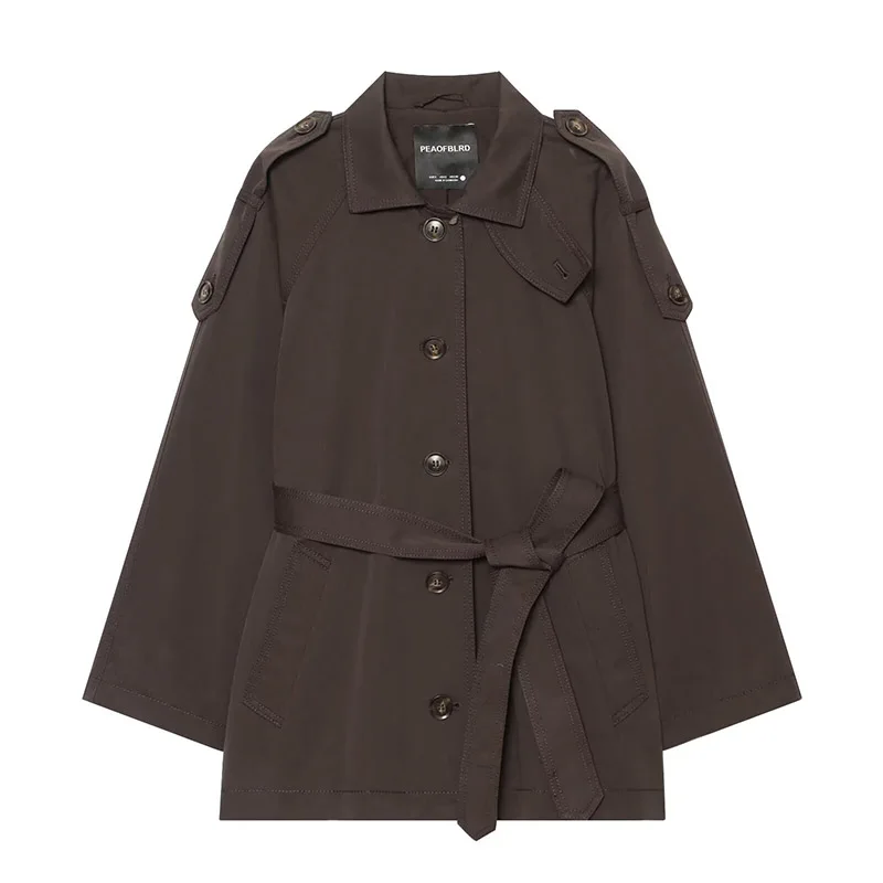 Coffee Color Loose Windbreaker For Women Autumn 2026 New Long Sleeved Lapel Overcoat Loose Single Breasted Belt Outerwear