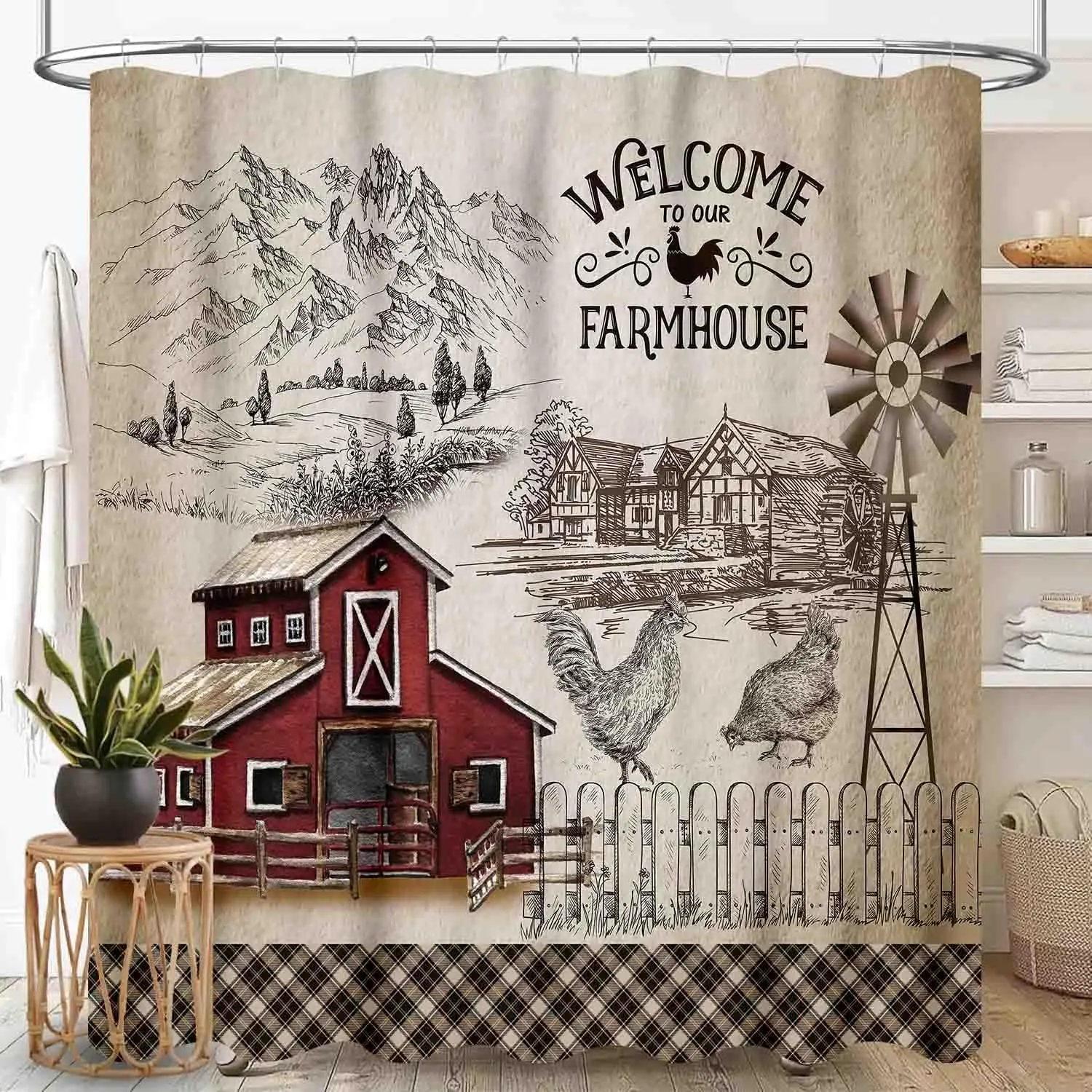 Vintage Farmhouse Shower Curtain Rustic Country Barn Illustration Artwork Bathroom Shower Curtain Decor Gift Idea