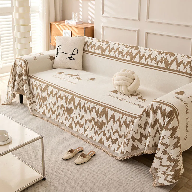 Deer Printed Sofa Towel with Tassels Modern Chenille Anti-Wear Sofa Cover for Four Seasons Soft Double Face Usable Dust Cover