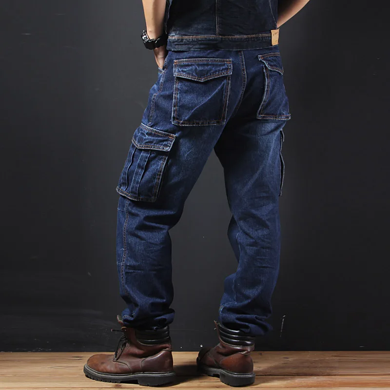 Autumn Winter Multi-Pocket Straight Leg Cargo Jeans Men's Loose Plus Size Casual Trousers