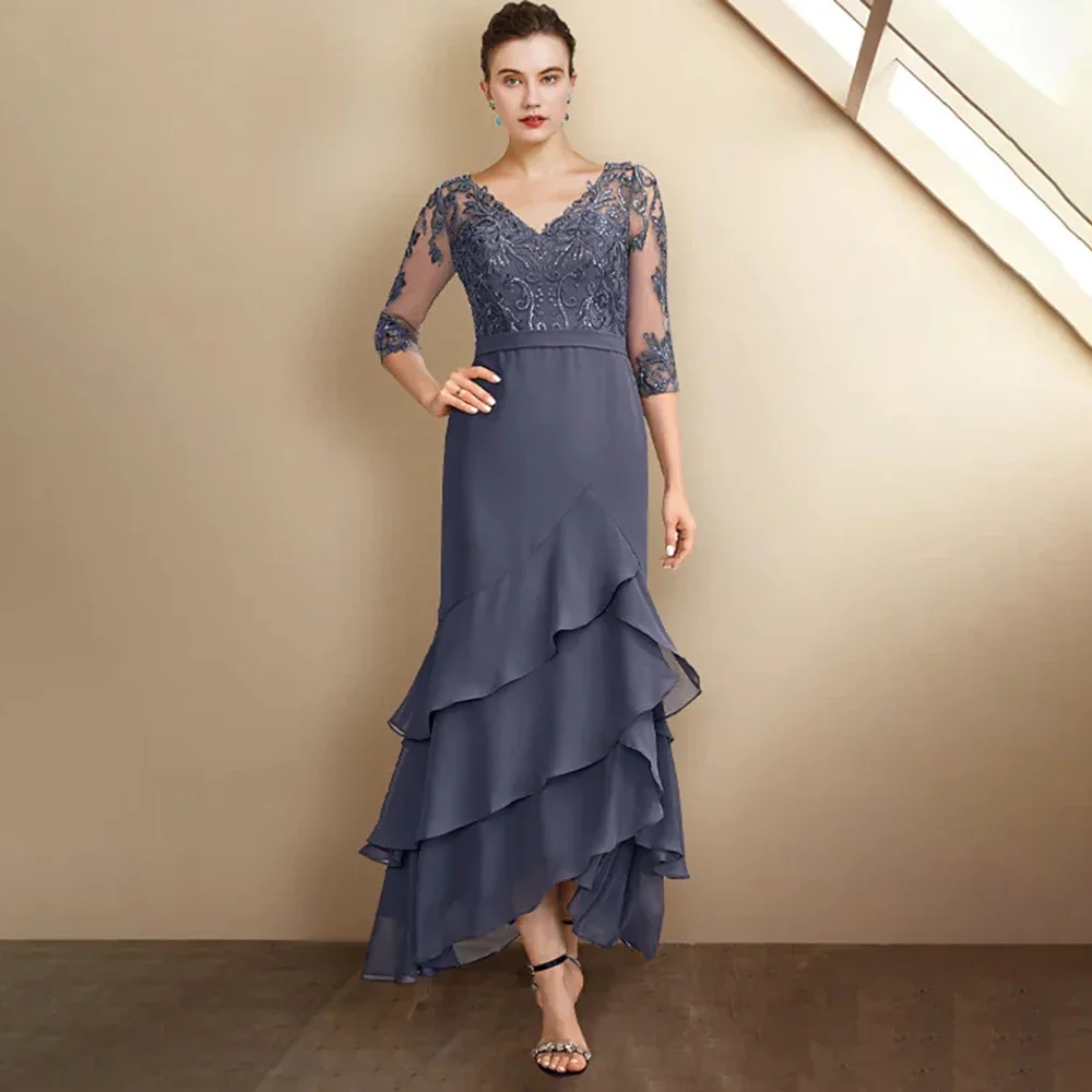 

Customized Tea-Length Mother Of Bride Dresses Appliques Sequin Three Quarter Sleeves Chiffon Mom Evening Gowns V-Neck Ruffles La