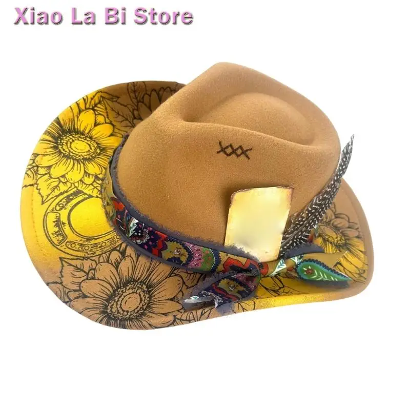 XXFD Unisex Bergaya Merasa Topi Cowgirls Dengan Bulu Dikepang Detail Desain Ringan