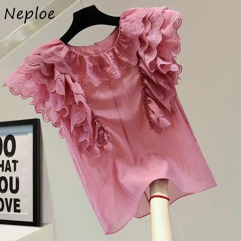 Neploe Y2K Streetwear Top 2024 Korea Summer Femme Round Neck Sleeveless Solid Color Ruffle Edge Sweet Patchwork Chiffon T-Shirt