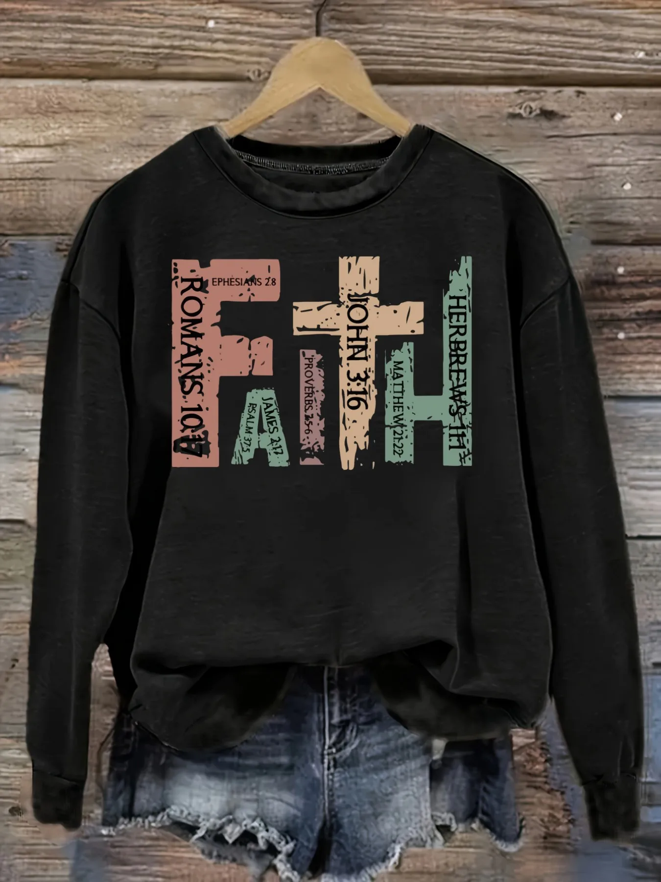 Women's Casual Long Sleeve Crew Neck T-Shirt Faith Bible Verse Graphic Print Design, Round Neck Women's Clothing, Machine Washable, Slightly Elastic, Loose Fit, Spring Autumn Winter Women's T-Shirt, Halloween Costume Outfit