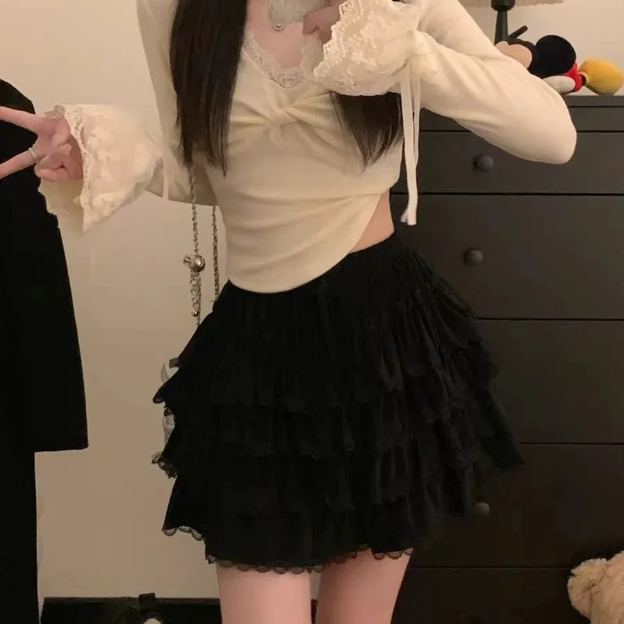 Sweet Lace Patchwork Cake Skirt Women 2025 New Lace Up Waisted Slim Fit A-line Mini Skirts Simple Solid Versatile Skort