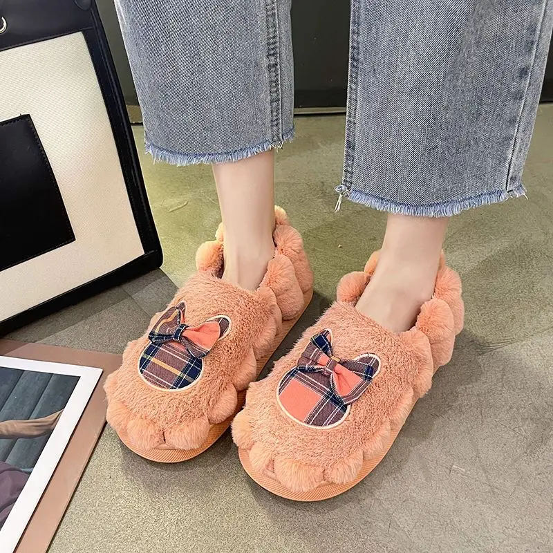 

Women's Cute Bow Knot Fleece Lined Cotton Slippers Closed Heel Waterproof Warm Indoor Home Thick Sole Couple Shoes