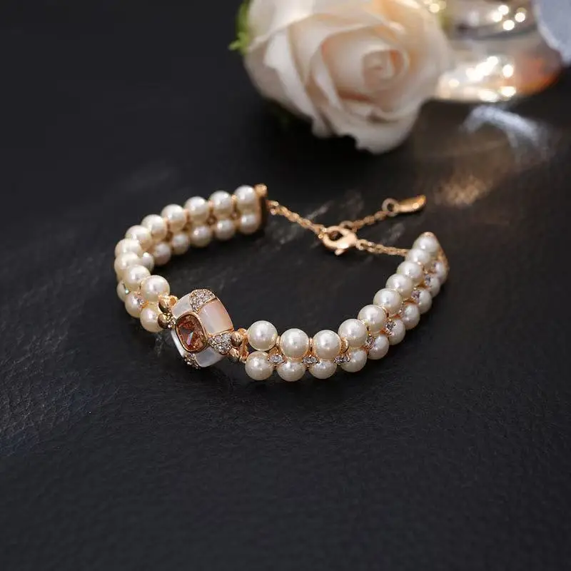 French retro palace style double row pearl bracelet inlaid with zircon light luxury celebrity party dinner shining accessories