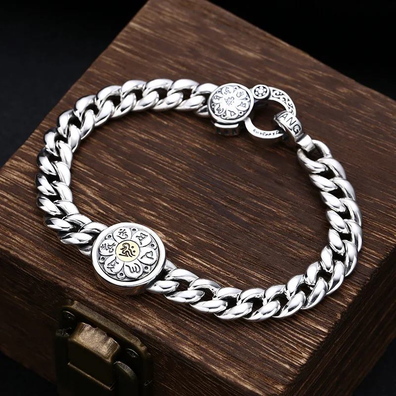 925 sterling silver six-character mantra bracelet for men, rotatable trendyy thai silver retro distressed jewelry