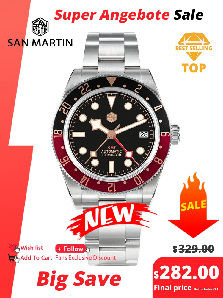 San martin 39mm ouro rosa clássico retro relógio masculino luxo safira nh34 gmt automático mecânico 3h data à prova dwaterproof água 100m sn0109