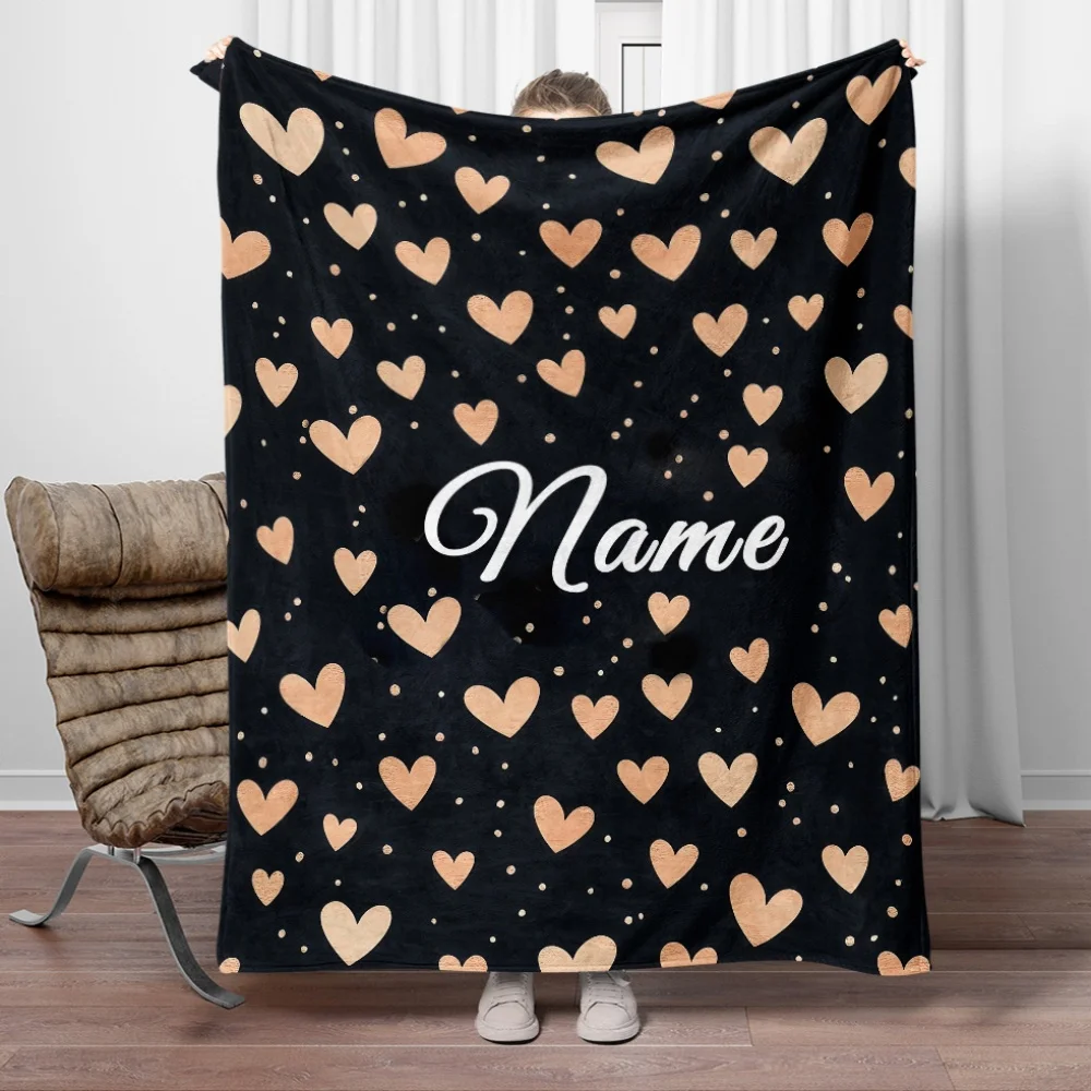 Custom name all-over heart flannel blanket, suitable for sofa, bed, birthdays, children, friends, gifts