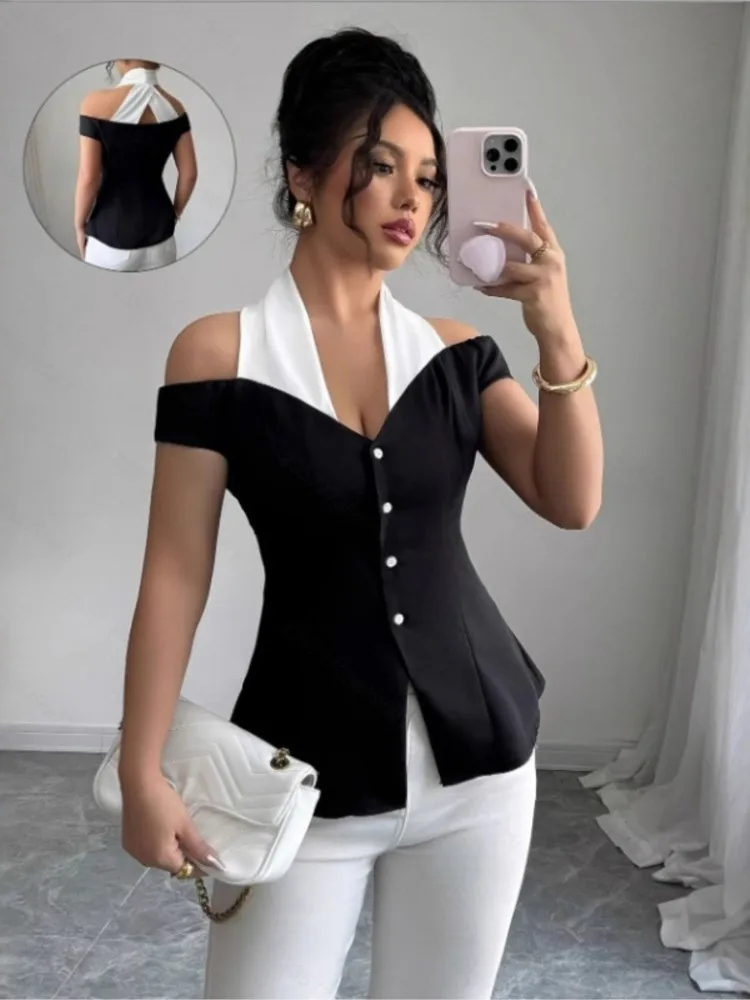 

Женские черно-белые контрастные блузки с открытыми плечами, летняя модная блузка с вырезом на шее, на пуговицах, облегающий топ без рукавов, офисный топ для женщин, топ для вечеринок