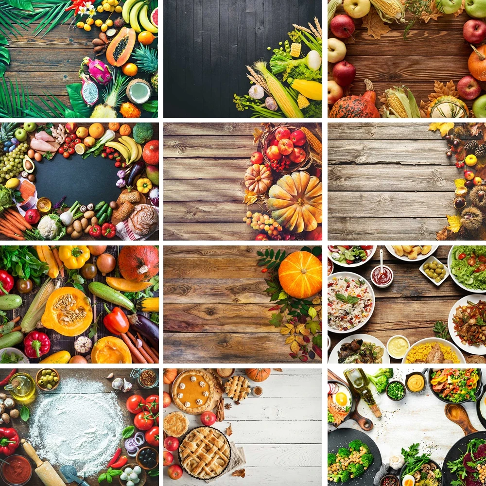 

MOON.QG Wooden Food Fruits Backdrop Wood Home Kitchen Birthday Fall Thanksgiving Photography Background Harvest Cooking Video