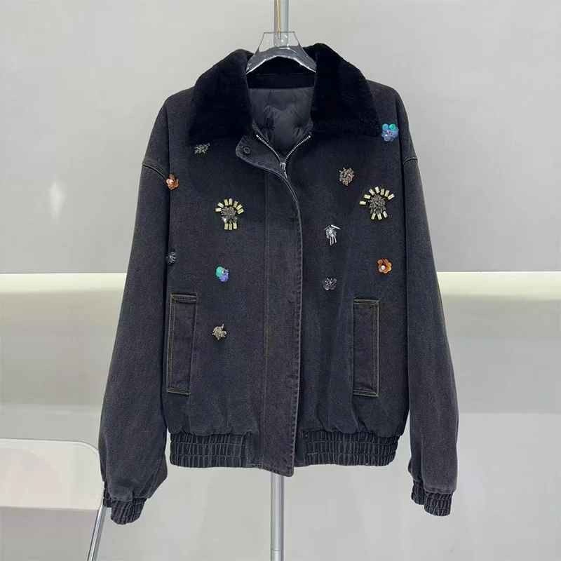 เสื้อโค้ทเดนิมบุขนห่านแท้ ขนแกะเมอริโนแท้ สำหรับผู้หญิง ฤดูหนาว 2025  หรูหรา อุ่นหนา