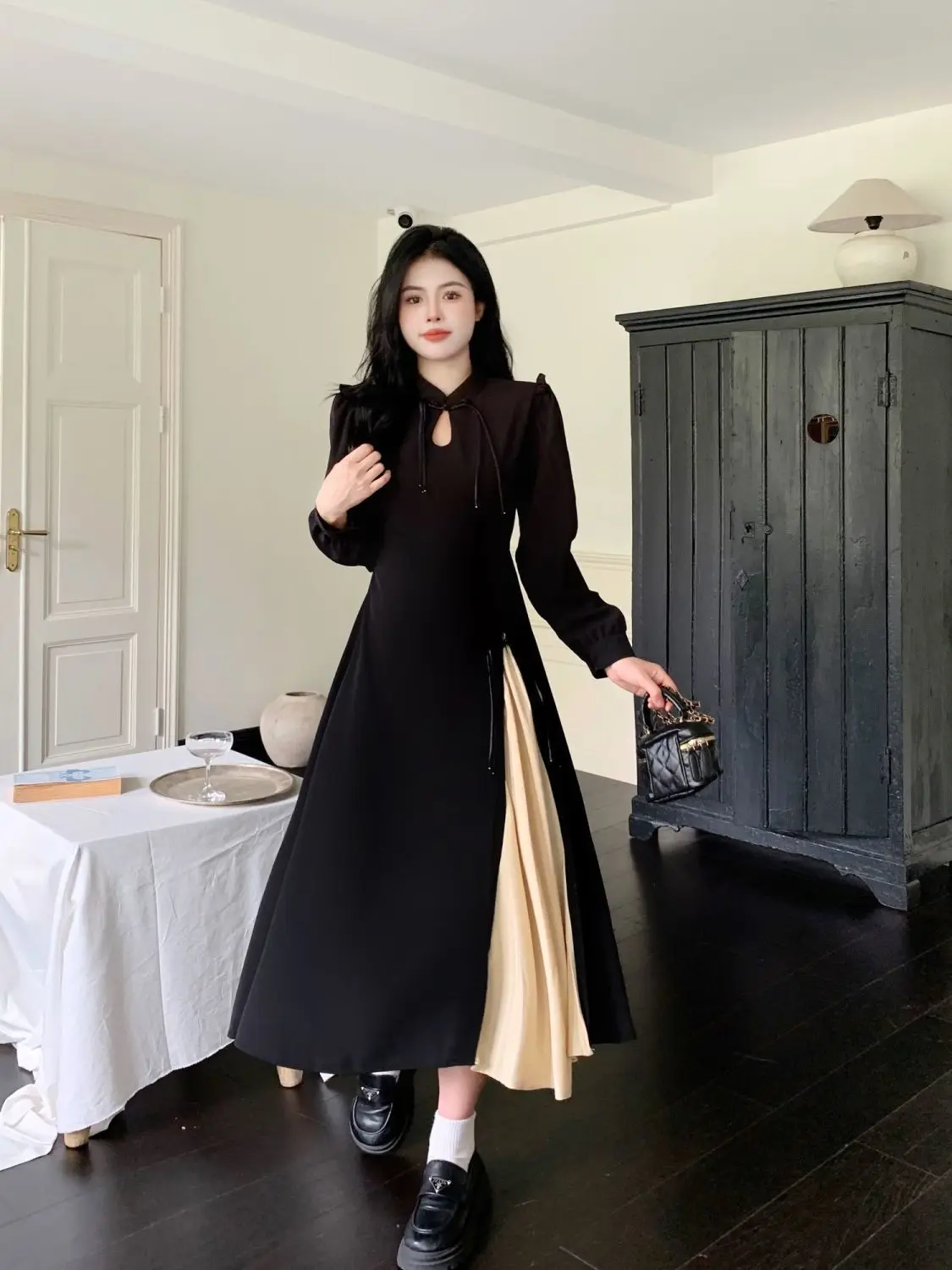 

2024 new chinese style dress for women autumn slim a-line skirt improved cheongsam patchwork mid length skirt cheongsam dress