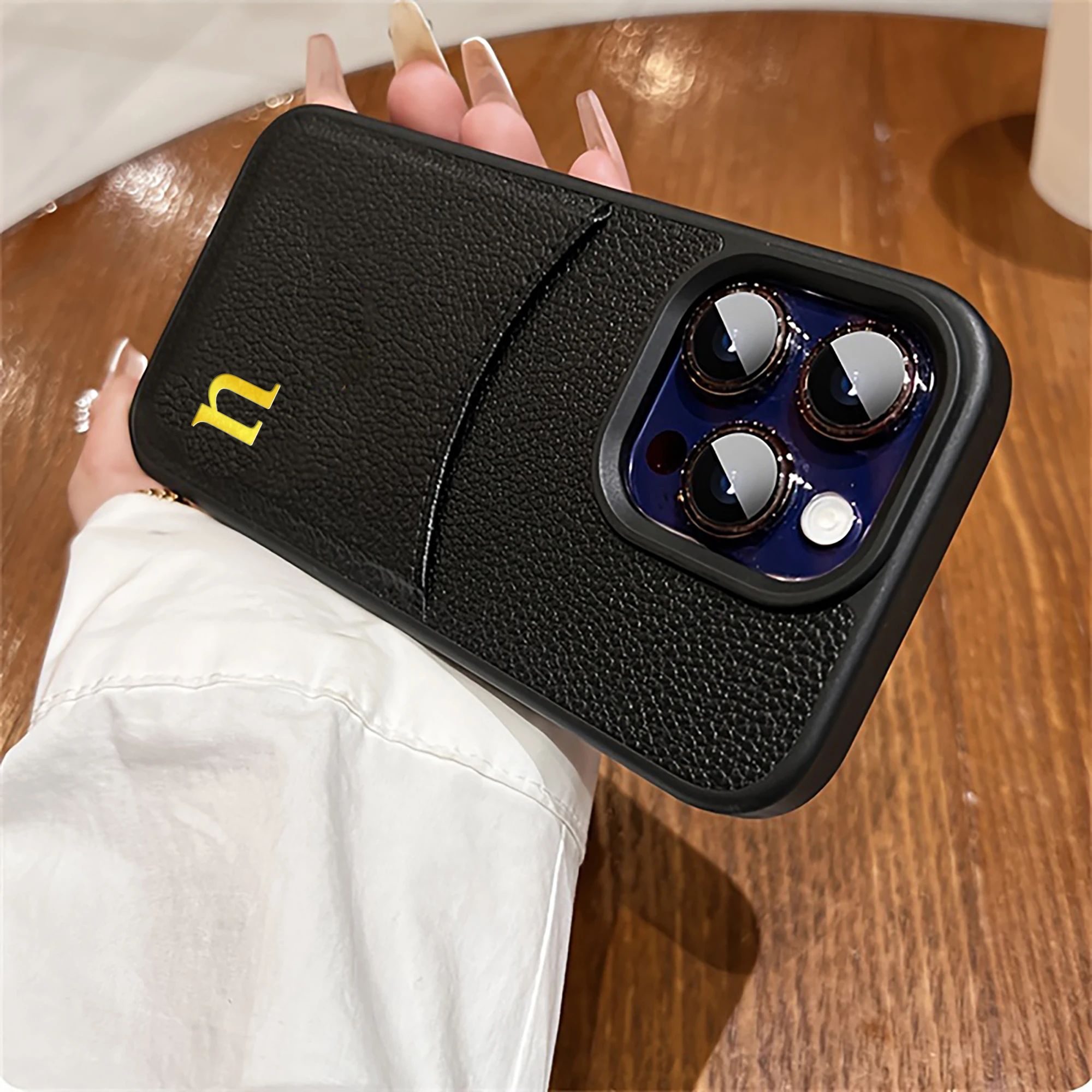 Nome personalizado caso de cartão de inserção inicial para iphone 16 15 14 13 12 pro max plus folha quente carimbo litchi estampado caso de couro falso