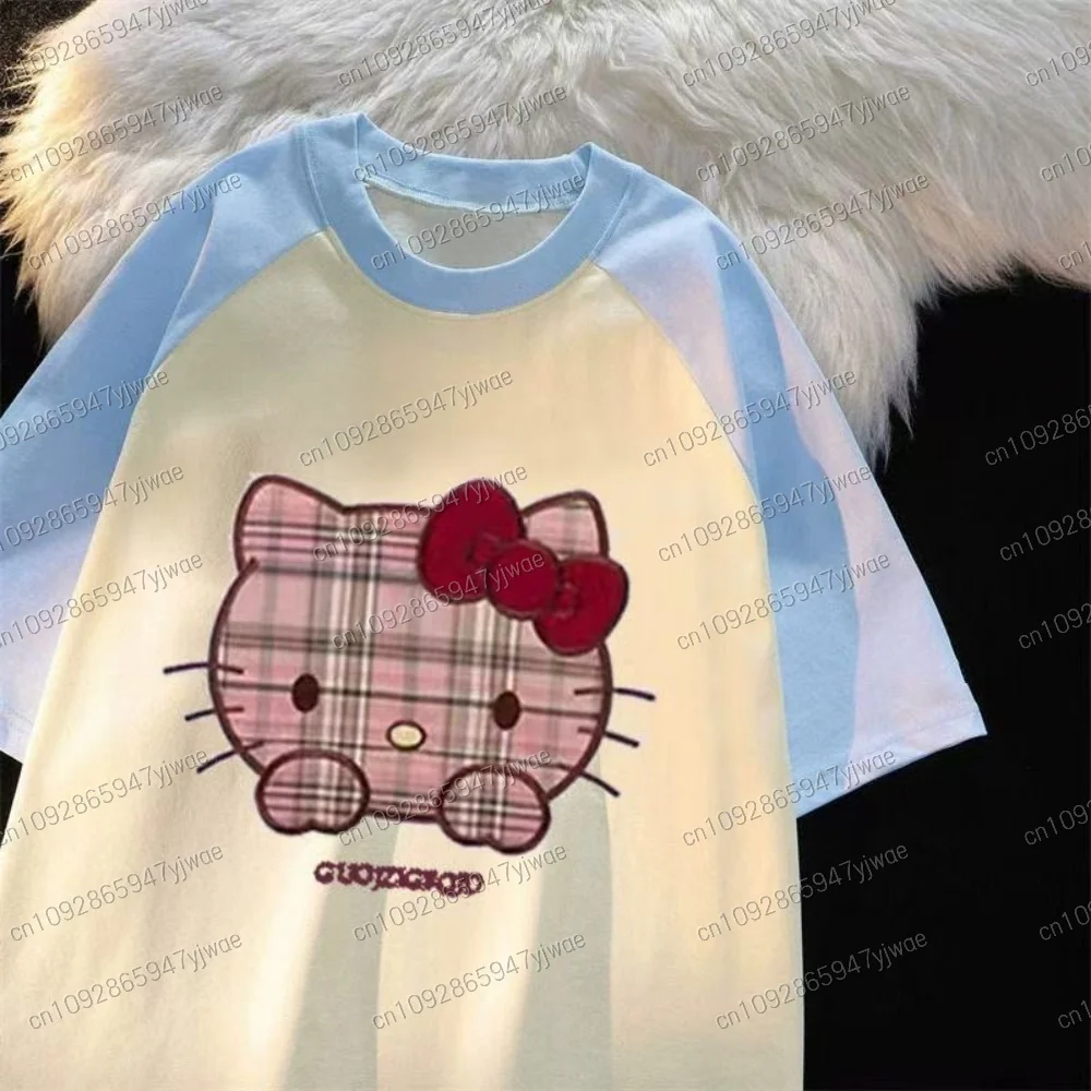 2025 Women Polyester Hello Kitty Graphic Academic Atmosphere Print T-Shirt Top Women Fashion Summer Y2k Couple Print T-Shirt