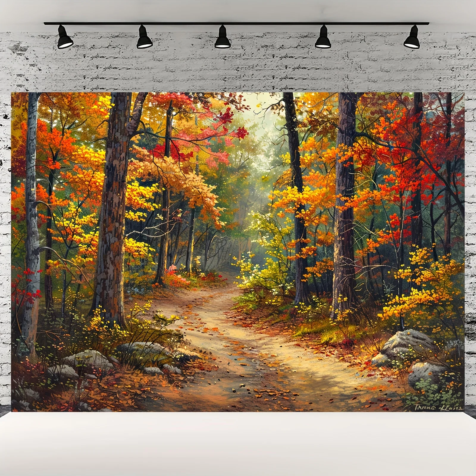 1pc Vibrant Autumn Forest Tapestry - Polyester Photography Backdrop with Lush Fall Foliage, Winding Dirt Path & Sunlit Canopy fo