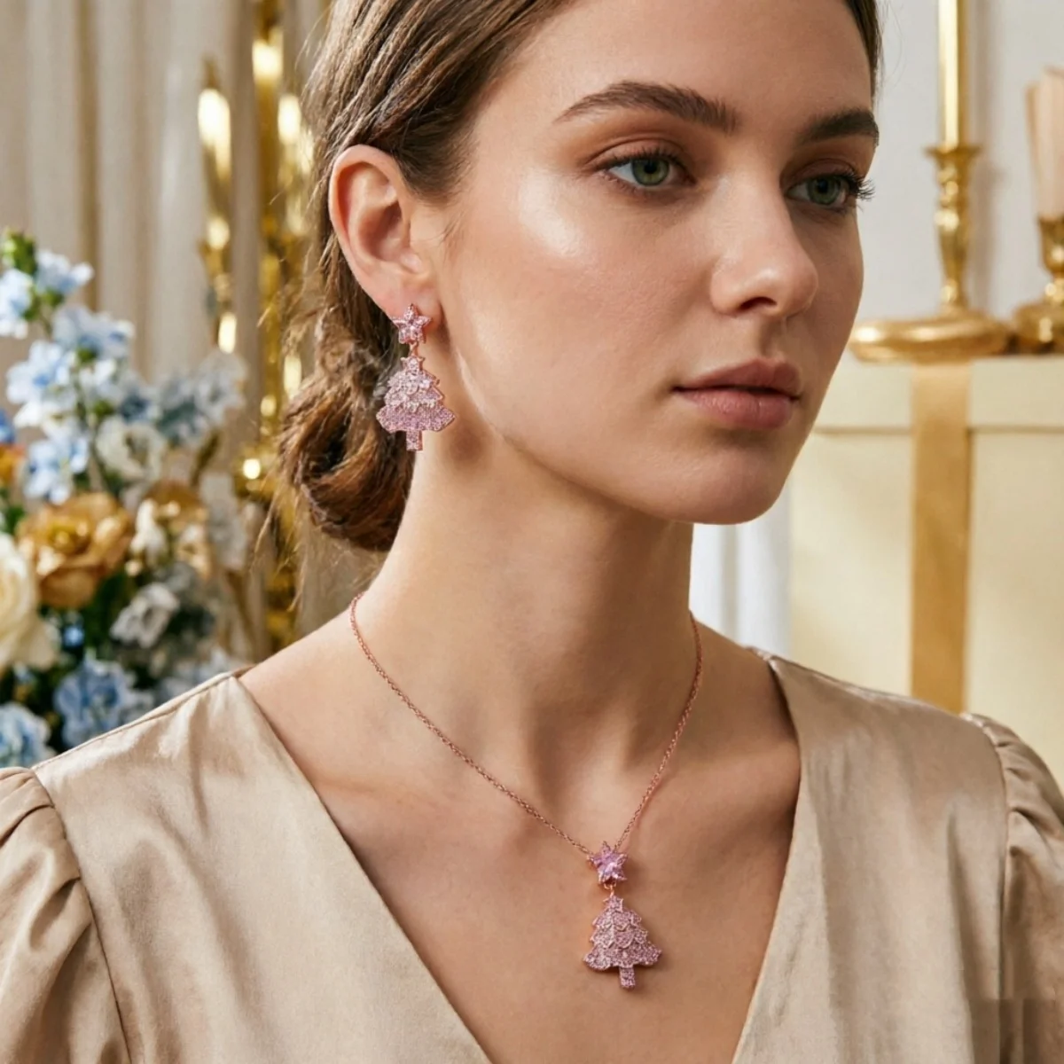 Glitzerndes, vollrosa Strass-Weihnachtsbaum-Halsketten- und Ohrring-Set für Damen, zartes, süßes Stern-Weihnachtsbaum-Schmuckset für Neujahr. – Detail 18