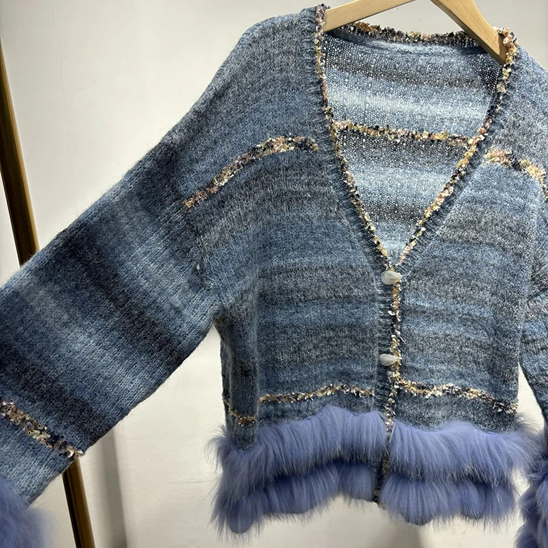 2025 Musim Gugur Wanita Jaket Sweater Rajut Tipis Dekorasi Bulu Rubah Berwarna Gradasi