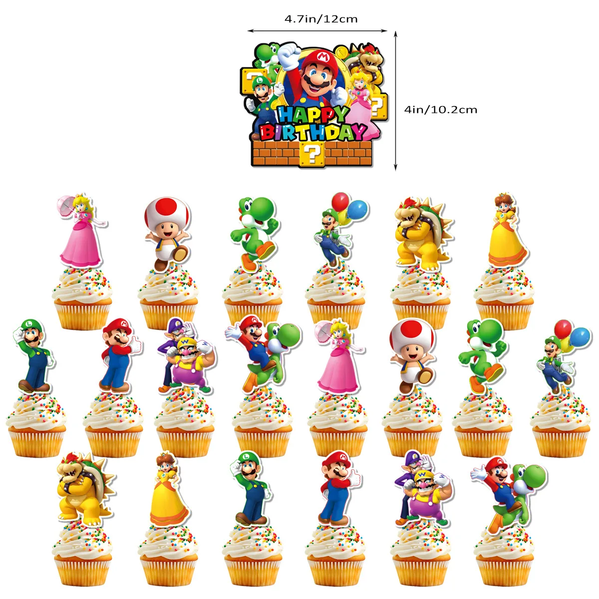 Conjunto de Adereços para Festa de Aniversário Infantil com Tema Mario Bros: Bandeira de Bolo Amarela com Ponto de Interrogação e Cartões de Inserção para Bolo