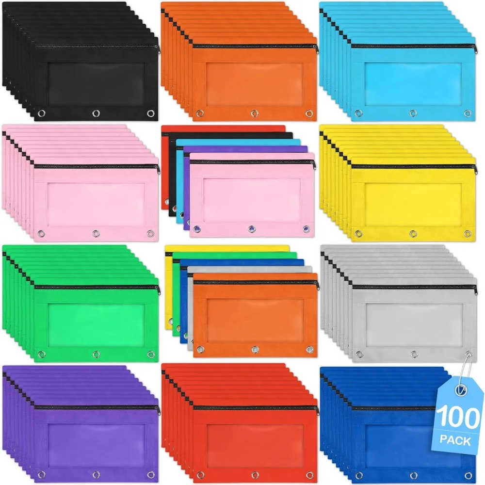 

100 Pack Pencil Pouch for 3 Ring Binder, Binder Pencil Pouch, 10 Assorted Colors with Smooth Zipper Pencils Pouches