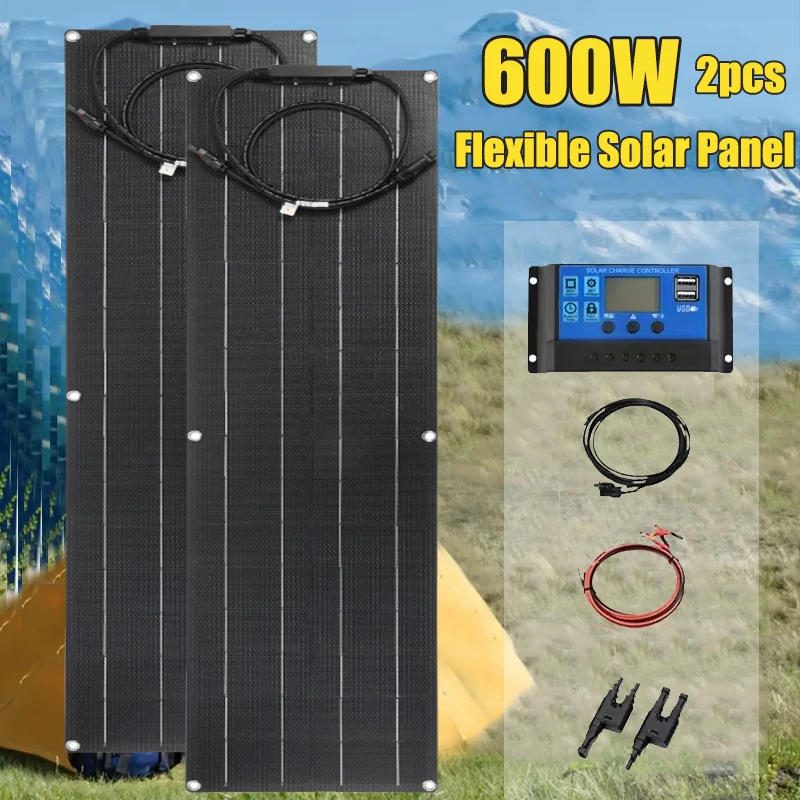 600W 300W Flexible Solar Panel Kit 18V Monocrystalline Solar Cell Power Charger For Outdoor Camping Yacht Cars RVs Boats Rooftop