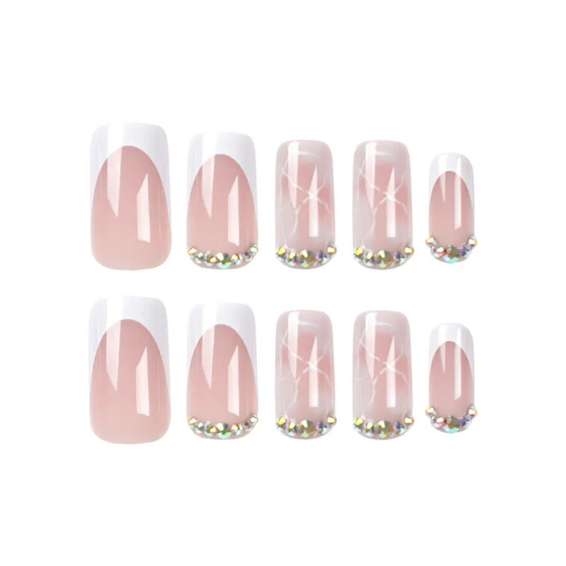 Rosa manicure unhas postiças, de comprimento médio, linhas pontilhadas, diamante espumante, unhas wearable, 24pcs