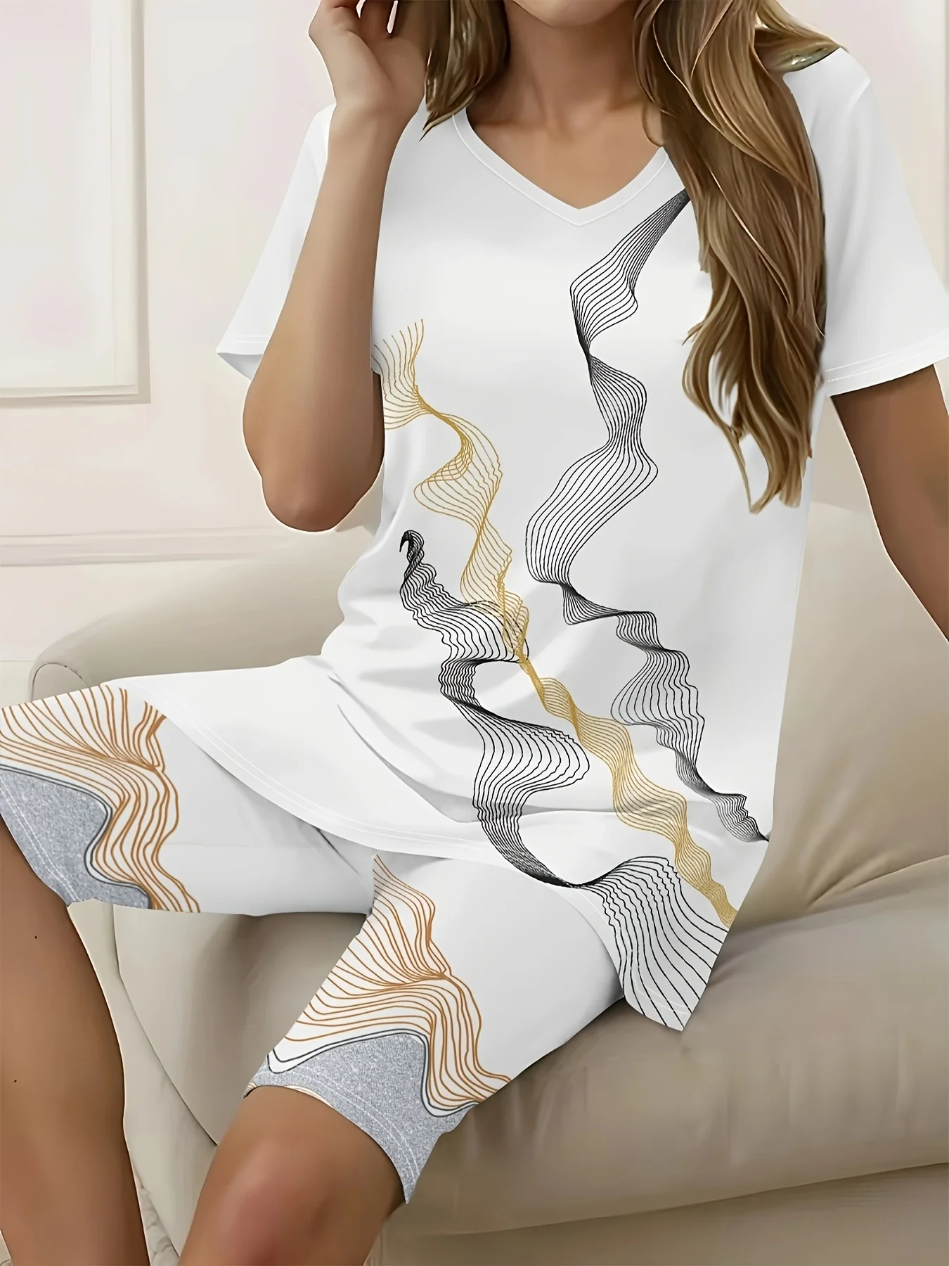 

Printed Design casual style Abstract Wave Lines Pattern Print women's pants suit