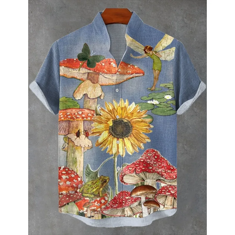 Men's Trippy Colorful Mushroom Sunset Art Casual Shirt Retro Psychedelic Summer Short Sleeve Shirts Hipster Button Down Shirts