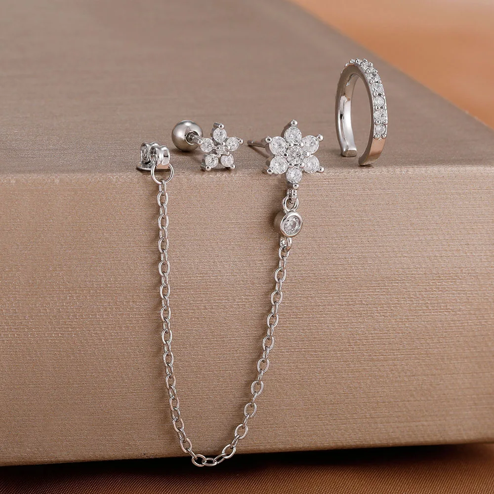 3 قطعة لطيف حساسة كريستال زهرة طقم من الحلقان للنساء 14K مطلية بالذهب الفولاذ المقاوم للصدأ سلسلة الأذن مربط ثقب المجوهرات