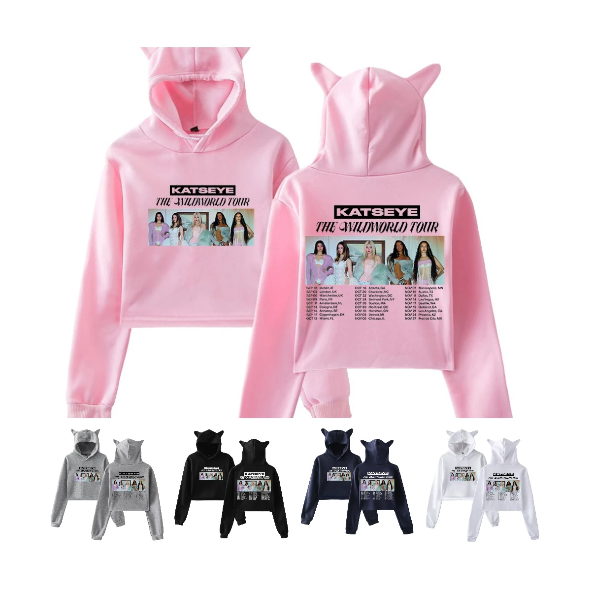 Kpop Katseye The Wildworld Tour 2026 Hoodie Cat Ears Hooded Sweatshirt Long Sleeve Crop Top Women's Clothes