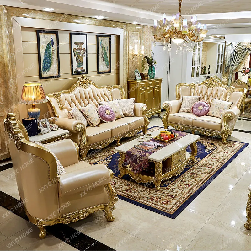 

Sofa genuine leather 123 combination carved solid wood house living room sofa furniture