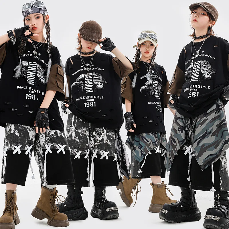 

Boys Hip Hop Dance Costume Girls Black T Shirt Shorts Cool Jazz Dance Performance Clothes Group K-pop Stage Performance Wear
