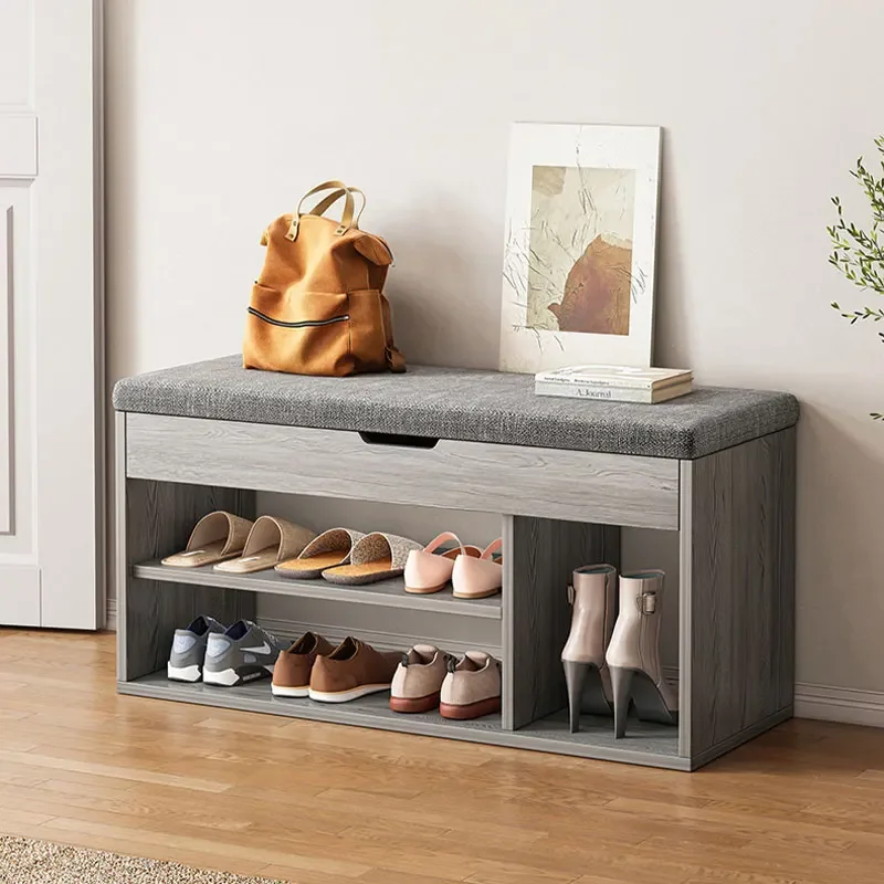 Household Shoe Changing Ottoman with Shoe Organizer Flip Top Storage Soft Bench Multifunctional Stool for Living Room Entrance