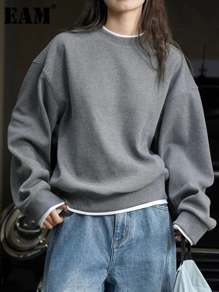 [EAM] Gray Color-block Casual Sweatshirt New Round Neck Long Sleeve Women Big Size Fashion Tide Spring Autumn 2023 1DH4967