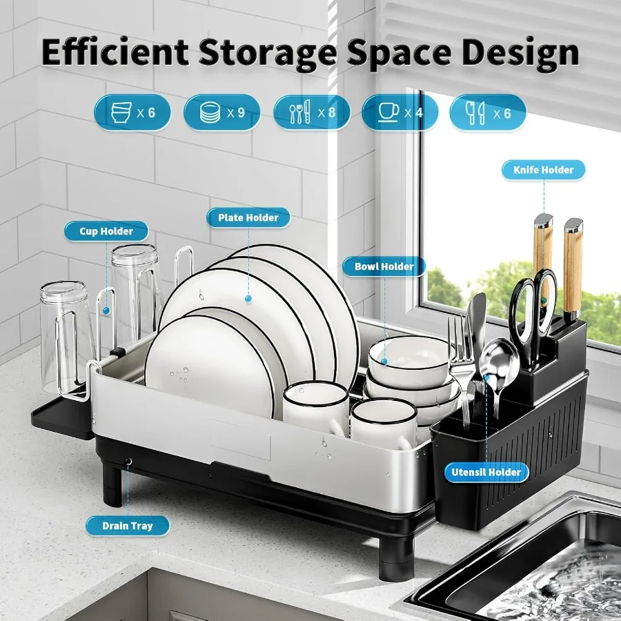 رف تجفيف الأطباق، 304 رفوف أطباق من الفولاذ المقاوم للصدأ لطاولة المطبخ، مصارف أطباق مع تصريف تلقائي، حامل أواني وغیرہ #5