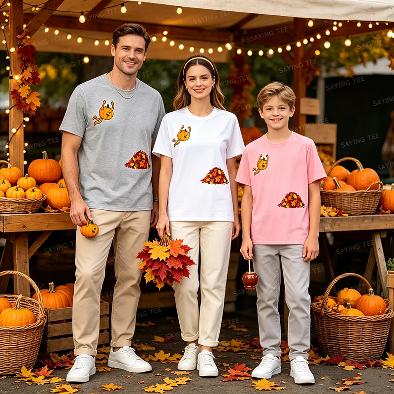 Lustiges T-Shirt mit Kürbis, der in Blätter springt, niedliches Herbstblätter-T-Shirt, Y2k-Humor, Halloween-Kostüm, Neuheitsgeschenk, Grafik-Spruch-T-Shirt – Detail 5