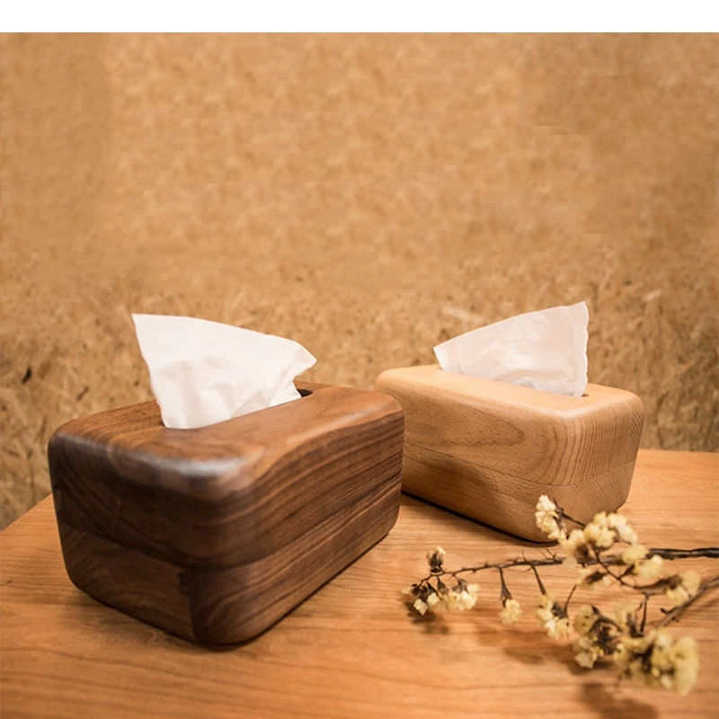 Beech and Walnut Wood Tissue Box Cover Car Natural Solid Wooden Napkin Holder Quality Desktop Paper Towel Organizer