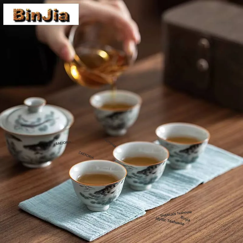 Ancient Blue Mandarin Fish Travel Tea Set Kit Retro Set Of Cups 1 Pot 4 Cups Tea Brewing Organizer Portable Camping Leather Bag