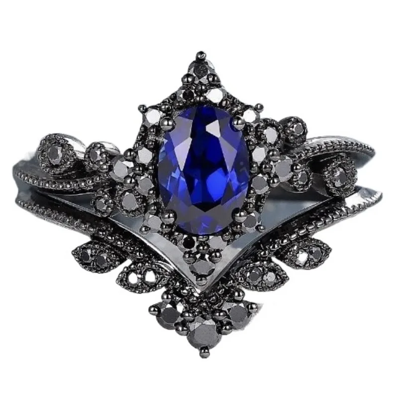 European and American fashion new gun black jewelry, navy blue zircon inlaid double-layer women\'s ring
