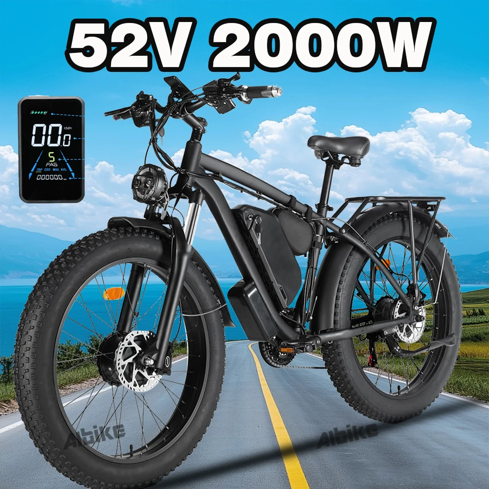 Dual-Motor 2000W Peak Electric-Bike for Adults-Women-Men 52V 25AH 26 Inch Fat Tire Hunting-Bike for Off-Road Mountain Snow